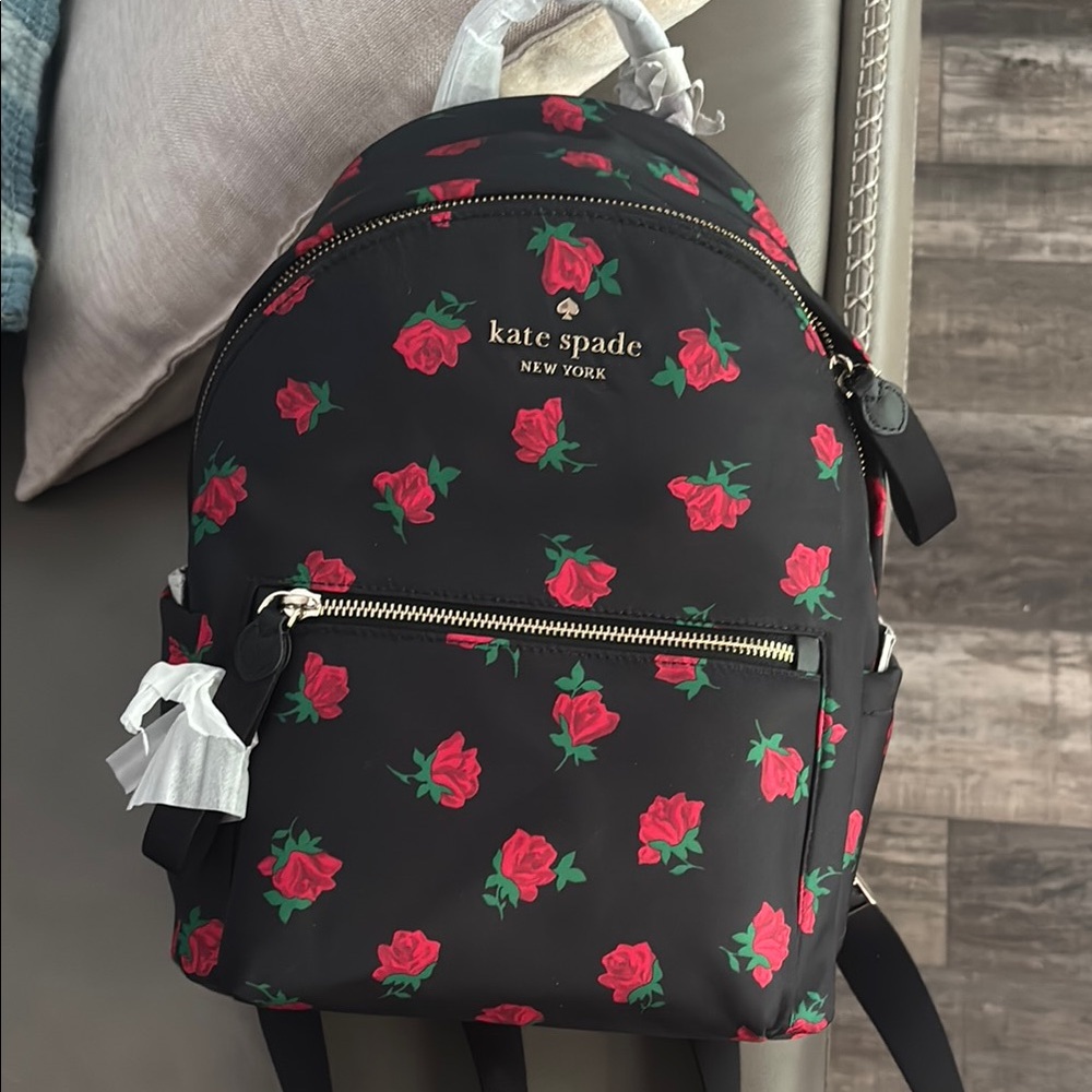 NWT Kate Spade Black Backpack with Red Floral Design nwt